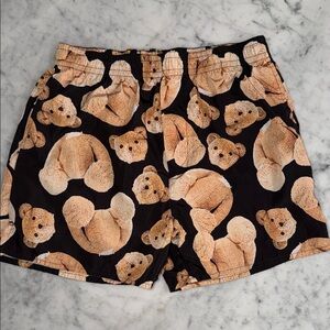 Palm Angels Black and Tan Bear Pattern Shorts